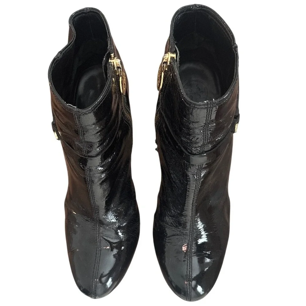 Tory Burch Whitney Booties Black Patent Leather Logo Platform Size 8